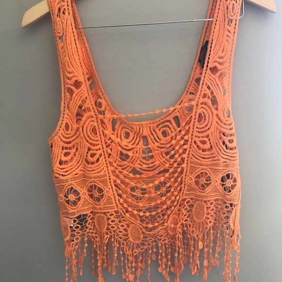 ❌sold❌ bebe NWT orange crochet fringe cropped tank. Bohemian, retro, summer. - Picture 2 of 5